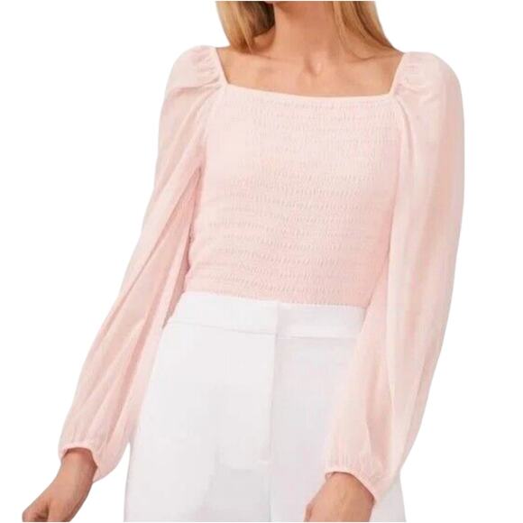 Halogen Square Neck Cottagecore Smocked Sheer Puff Long Sleeve Blouse Pink XXL - Picture 2 of 11